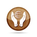 two hands take care of globe planet wooden icon on a white background Royalty Free Stock Photo