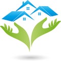 Two hands and three houses, roofs, real estate logo Royalty Free Stock Photo