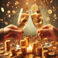 Two hands toasting champagne glasses gold coins wealth success