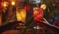 Two hands toasting refreshing cold drinks, Cheers! Closeup of hands toasting with glass