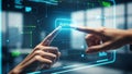 Two hands interacting with a futuristic digital interface displaying an approve button technology Royalty Free Stock Photo