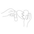 Two hands trying to repair broken heart with a patch, doodle style vector outline for coloring book