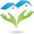 Two hands and two houses, roofs, real estate logo Royalty Free Stock Photo