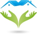 Two hands and two houses, roofs, real estate logo