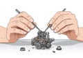 Two hands using tools to assemble a miniature mechanical Royalty Free Stock Photo