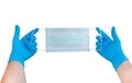 Two hands wearing blue gloves holding facial medical mask prepare to ware for protect allergic reaction or infectious diseases