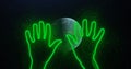 Two hands wave their palm in space among planet earth rotating, stars. Abstraction, 3d render, neon glowing lines and