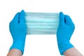 Two hands wearing blue gloves holding facial medical mask prepare to ware for protect allergic reaction or infectious diseases