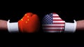Two hands of wearing boxing gloves with USA and China flag. Boxing competition concept. Confrontation between two countries Royalty Free Stock Photo