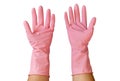 Two hands wearing pink rubber gloves isolated on white background, clipping path included Royalty Free Stock Photo