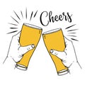 Two hands with glasses of beer and title Cheers. Hand drawn outline vector sketch illustration