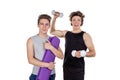 Two handsome guys doing fitness workout with weights isolated on white background Royalty Free Stock Photo