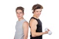 Two handsome guys doing fitness workout with weights isolated on white background Royalty Free Stock Photo