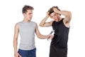 Two handsome guys doing fitness workout with weights isolated on white background Royalty Free Stock Photo