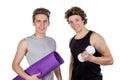 Two handsome guys doing fitness workout with weights isolated on white background Royalty Free Stock Photo