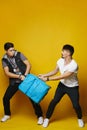 Two handsome guys are trying to steal a suitcase from each other. Two stylish men are fighting for a suitcase. Isolated