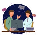 Two handsome men are working on computers and speaking.Working process flat design. Teamwork, discussion, office, workplace, chara Royalty Free Stock Photo