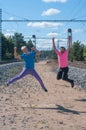 Two handsome young guys jumping Royalty Free Stock Photo