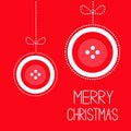 Two hanging red button merry Christmas ball with bow dash line thred applique Card Flat design Royalty Free Stock Photo