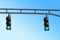 Two Hanging Traffic Signals with Green Lights Royalty Free Stock Photo