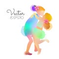 Two happy adorable little sisters hugging each other silhouette plus abstract watercolor painted. Siblings warm hug. Double Royalty Free Stock Photo