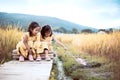 Two happy asian little child girls having fun to play together Royalty Free Stock Photo