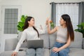 Two happy asian women high five sitting on sofa in stylish living room and working online with laptop computers. Friend or.