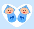 Two happy babies on a blue background. Twin boys. Royalty Free Stock Photo