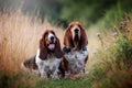 Two happy basset hounds sitting in the field Royalty Free Stock Photo