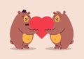 Two happy bears in love and happy together. Cute bear cartoon characters hold a big red heart. Illustration is great for weddings Royalty Free Stock Photo