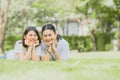 Two happy best friends Asian women