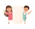 Two happy boy and girl holding blank banner. Happy kids standing with empty white board, placard or paper sheet vector Royalty Free Stock Photo