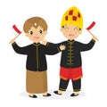 Javanese and Aceh Kids Holding Indonesian Flag Cartoon Vector