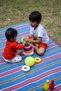 Two happy boys in society park, happy Asian brothers who are smiling happily together. Brothers play outdoors in summer, best Royalty Free Stock Photo