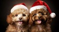 Two happy brown dogs in Santa hats with copy space.