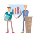 Two happy business people shaking hands, standing at a flip chart with a financial graph. Vector illustration, isolated