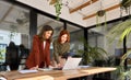 Two happy business women of young and middle age working on laptop in office. Royalty Free Stock Photo