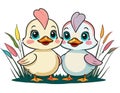 Two happy cartoon ducklings illustration isolated on white Royalty Free Stock Photo