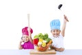 Happy chef and vegetables on white Royalty Free Stock Photo