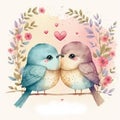 Two happy cute kawaii birds in love, valentine\'s day post card, watercolor illustration Royalty Free Stock Photo
