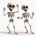 Two happy dancing white skeletons in white hats on a white background