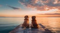 two happy dogs on the sea. Cute pet couple. Generative AI