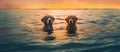 two happy dogs on the sea. Cute pet couple. Generative AI