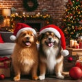 two happy dogs wearing santa hats