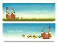 Two Happy Easter banners with easter eggs in a basket