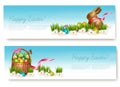 Two Happy Easter banners with easter eggs in a basket.