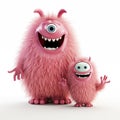 Two happy fluffy cute monsters, mom and baby, stand isolated on a white background