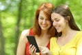 Two happy friends checking smart phone in a park Royalty Free Stock Photo