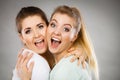 Two happy friends women hugging Royalty Free Stock Photo