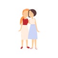 Two happy girlfriends in long summer dress is hugging Royalty Free Stock Photo